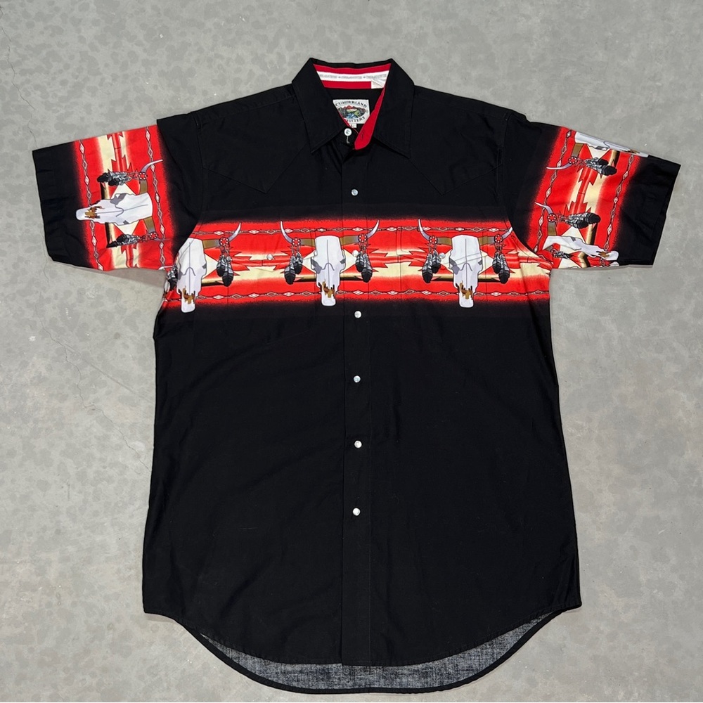 Vintage Rare Cumberland Outfitters Pearl Snap Western Aztec & Bull Skull Mens L